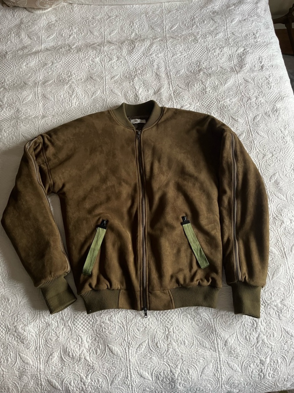 KOLLAR Men's Olive Brown Faux Suede Bomber Jacket - Zipper Details On Sleeve
